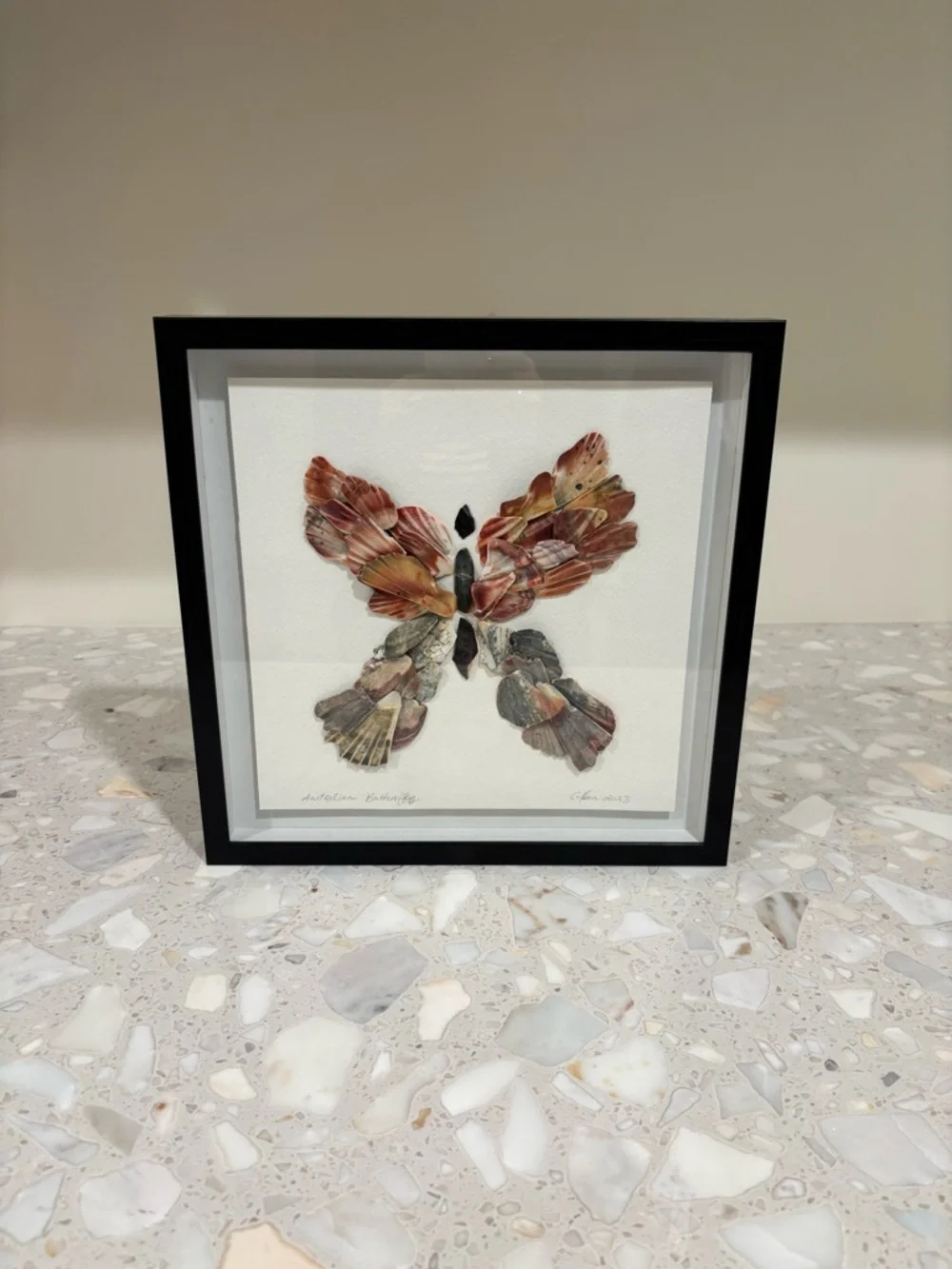 Handcrafted Framed 'Australian Butterfly' Natural Sea Shell Artwork 12”x12” - Picture 2 of 6